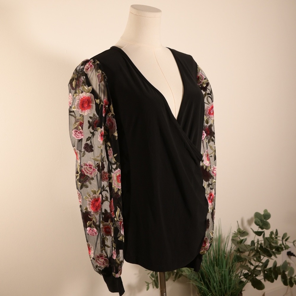 Venus Black Floral Embroidered Mesh Balloon Sleeve Wrap Top Large